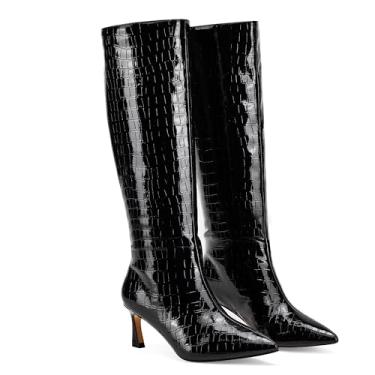 Imagem de GENSHUO Botas de cano alto femininas salto baixo gatinho botas longas com bico fino inverno outono sexy moda confortável sapatos sociais, Grão preto, 40