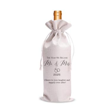 Imagem de Bolsa de vinho de casamento para Mr & Mrs 2025 suporte de garrafa de champanhe reutilizável, presente de aniversário e chá de panela, lembrança elegante para casais