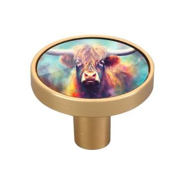 Imagem de Blueangle Pacote com 4 puxadores coloridos de armário de vaca Highland 3,5 cm puxadores de gaveta redondos para cômoda e armários de cozinha (188)