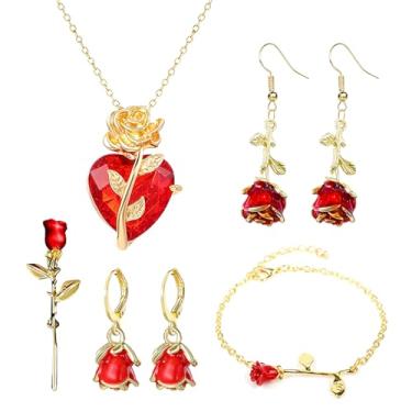 Imagem de QLYOVWE Conjunto de joias de rosa banhado a ouro 18 K para mulheres, 5 peças, colar de cristal de coração, brincos de flor de rosa vermelha, alfinetes, casamento, dia dos namorados, presente de Natal