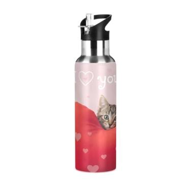 Imagem de Wassud Garrafa de água gato com corações garrafa de água esportiva de aço inoxidável com canudo garrafas de água isoladas copo portátil de viagem 623 g