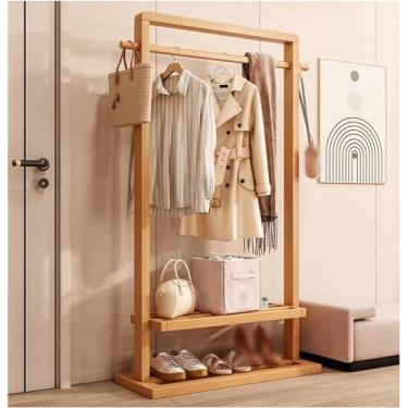 Imagem de Arara de roupas, cabide de madeira maciça para quarto de chão, rack de roupas resistentes para pendurar roupas, carga máxima de 200 libras, prateleiras organizadoras de armazenamento de roupas de