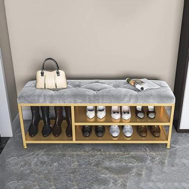 Imagem de Moderno banco de sapateira com base de metal, sapateira com assento acolchoado, banco de entrada organizador de sapatos, banco de armazenamento de sapatos de 2 níveis com armazenamento de botas para