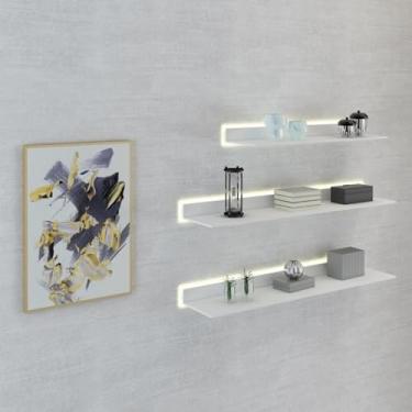 Imagem de Prateleiras de parede flutuantes, prateleira de ferro divisória montada na parede com luz quente LED adequada para escolas, escritórios, shopping centers para exibir uso decorativo (preto, 80 x 20 x 6