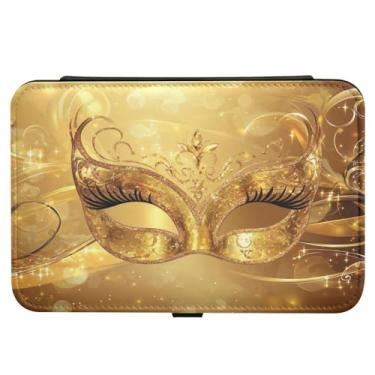 Imagem de Burbuja Caixa de joias de viagem com máscara dourada de carnaval para mulheres e meninas, organizador de joias portátil de couro sintético para brincos, anéis, colares e pulseiras