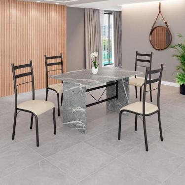 Imagem de Conjunto Sala de Jantar Mesa Retangular 120x75cm Tampo Granito Topázio 4 Cadeiras Marselha Creme / Preto Fosco
