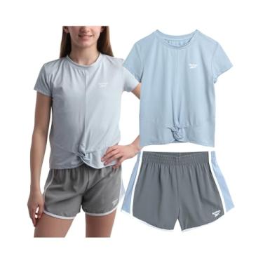 Imagem de Reebok Conjunto de shorts para meninas - Camiseta de manga curta com shorts de ginástica de tecido macio - Conjunto casual Athleisure para meninas (7-12), Azul claro claro, 10