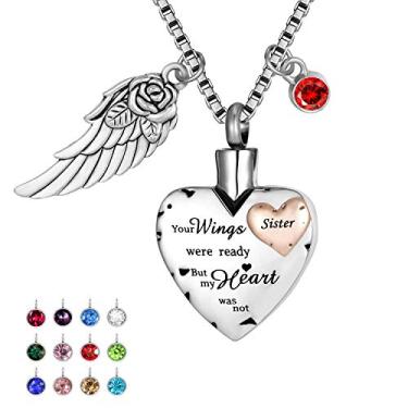 Imagem de Colar de urna de cremação vem com asa de anjo e 12 pedras do nascimento, joia de cinzas, pingente de memorial de coração, Metal