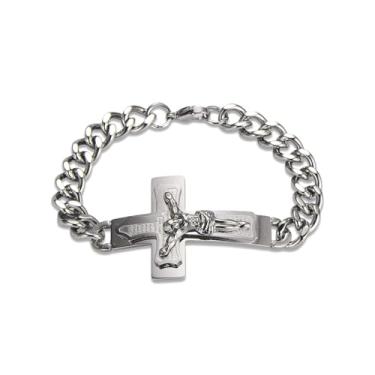 Imagem de Viskyna Pulseira masculina cruz de aço inoxidável 316L crucifixo corrente religiosa joias presentes para homens, 22CM, Aço inoxidável, Sem Pedra Preciosa