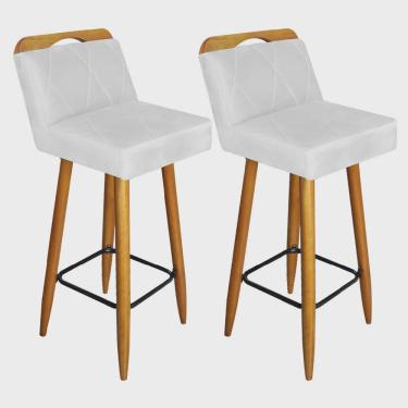 Imagem de Kit 02 Banqueta Alta c/ Encosto Lith Para Cozinha Bar Balcão Bistrô Pé Palito Castanho Corino Branco - Ahz Móveis