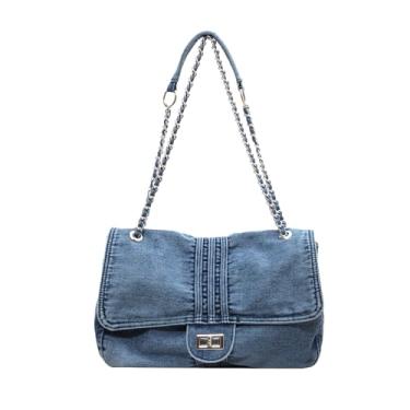 Imagem de Bolsas jeans grandes para mulheres, bolsa casual retrô transversal leve bolsa de ombro bolsas de lona, E-azul-claro, Large