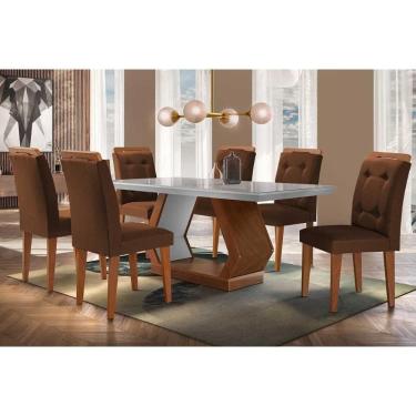Imagem de Sala De Jantar Completa Alvorada Tampo Madeirado C- Vidro Canto Reto 180x90cm E 6 Cadeiras Imperatriz Imbuia-off White - Veludo Marrom - Rufato