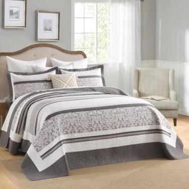 Imagem de FineStichery Conjunto de colcha extragrande, colcha extragrande, 304,8 x 304,8 cm, 100% algodão, estampa floral de fazenda, leve e acolchoada com 2 fronhas, cinza/marrom