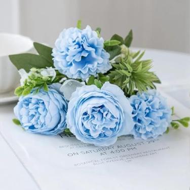 Imagem de 5 Garfos Bulboso Crisântemo Peônia Flores Artificiais Guirlandas Festivas Casa Sala de Estar Bonsai Buquê de Casamento Decoração de Guirlanda (2 peças/Azul)
