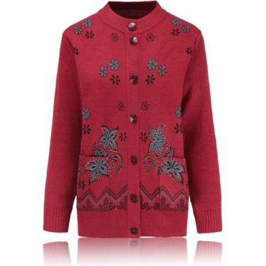 Imagem de Mãe Idosa De Meia-idade Cardigan Camisola De Malha - Camisola De Malha Cardigan Outono Inverno Casual Single Breasted Jacket Moda Feminina Tops Outwear, Red, XXL