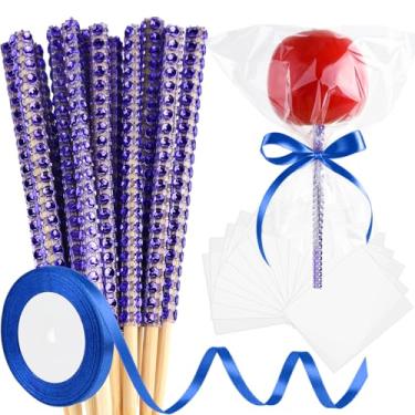 Imagem de ASTARON Pacote com 24 palitos e sacos de maçã com glitter, kit de palitos pop de bolo, incluindo palitos de maçã caramelo com fita e sacos de embalagem de maçã de chocolate para suprimentos de festa