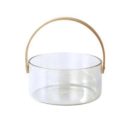 Imagem de Saladeira Fruteira Decorativa Multiuso de Vidro com Alça de Bambu Minimalista e Sustentável
