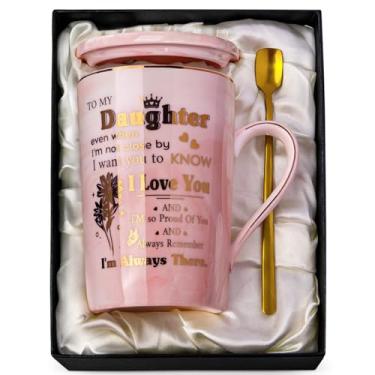 Imagem de Presentes de aniversário de filha da mamãe pai – Caneca de café exclusiva com estampa de mármore rosa de 400 ml, tampa, colher, cartão de felicitações, presentes para bênção de casamento, Ação de