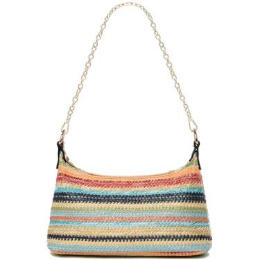 Imagem de CROJUYI Bolsa de ombro de palha feminina macia pequena bolsa de ombro de tecido, bolsa de praia de palha para o verão, X tiras coloridas, Small, Bolsa de ombro feminina de tecido de palha