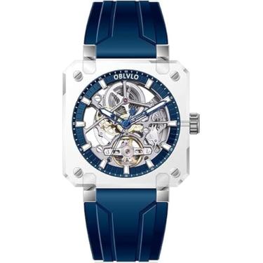 Imagem de OBLVLO Relógio de pulso masculino quadrado com mostrador esqueleto automático, caixa transparente, moderno, esportivo, mecânico, impermeável, pulseira confortável, BRM-ILLR, Mecânico, automático