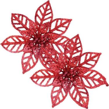 Imagem de Kit 8 Flores Vermelha Gliter Decoração árvore De Natal 14cm - Gici Chr