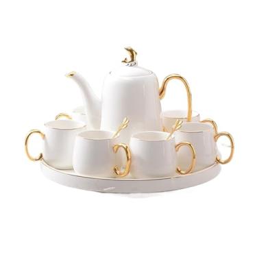Imagem de AKALNNB Conjunto de chá de cerâmica com bule de chá e colheres, serviço de conjunto de copos para 6, bandeja rotativa, conjunto de chá para chá/café