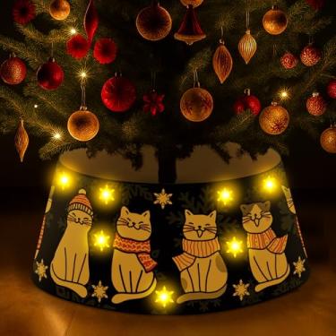 Imagem de Coleira de árvore preta de Natal com luz LED, capa de base de árvore de gato, anel de Natal, saia para decoração de Natal, casa, ambientes internos e externos