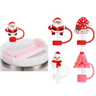 Imagem de Capa de palha de Natal de Halloween compatível com Stanley Cup 30 1,134 g, 4 peças de topo de canudo reutilizável de silicone incluindo 4 estilos, capa de palha de festa engraçada para Stanley