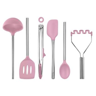 Imagem de Tovolo Conjunto de 6 utensílios de cozinha de silicone, concha de sorvete rosa, espátula, raspador, colher de mistura e espremedor de batatas, pode ser lavado na lava-louças, sem BPA, utensílios de