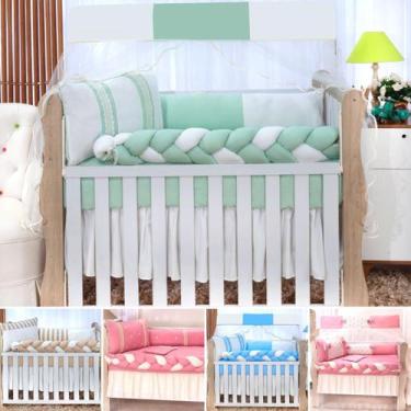 Imagem de Kit Berço Lateral Trançado 9 Peças Algodão Cores Harmoniosas Rosa Luxo