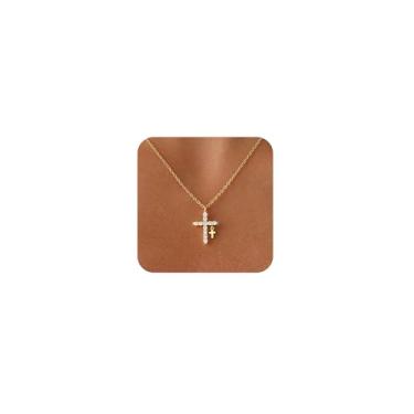 Imagem de Amicon Colar feminino com cruz de ouro delicado banhado a ouro 14 K com pingente de cruz de diamante simples, colares de cruz com pingente de fé, joias modernas, presentes, Latão, Sem Pedra Preciosa
