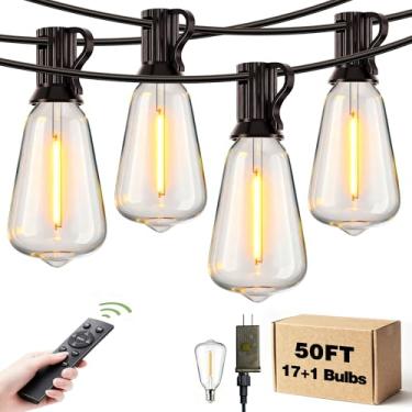 Imagem de LCLAMARCES Cordão de luzes LED para ambientes externos com controle remoto - Iluminação de pátio impermeável de 1,8 m com lâmpadas ST38 Edison inquebráveis para varanda, deck, jardim, quintal, varanda