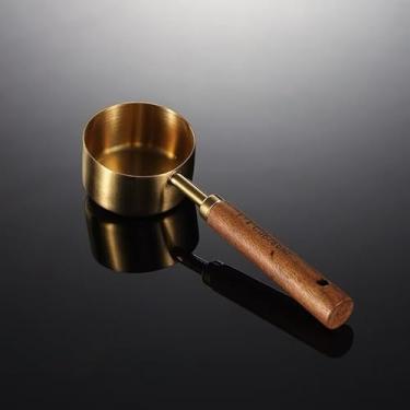 Imagem de Colheres Medidoras de Aço Inoxidável com Cabo de Madeira – Dourado Luxo para Cozinha Moderna (80 ml)
