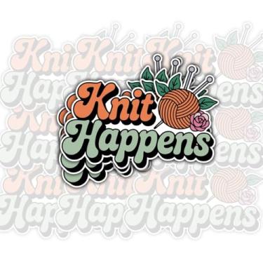Imagem de 3 peças de adesivos de tricô Happens, citação engraçada de fio de tricô com agulhas e decalque de vinil rosa à prova d'água para laptop, garrafa de água, copo, caderno, carro, presente para amantes de