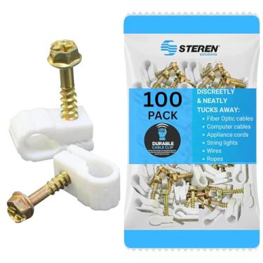 Imagem de Clipes de cabo coaxial - Suporte de cabo - Prendedores de arame - Prendedores de tapume para pendurar - Suporte de cabo para mesa - Grampos de cabo - Clipe para organizador de arame - Parafusos para TV - Branco - Pacote com 100 - STEREN