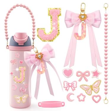 Imagem de LBU 12 peças de acessórios de letras para garrafa de água Owala 24/32/1,134 g com adesivo inicial fofo, chaveiro de letra do alfabeto de laço, alça de alça peral, decorações para copo Owala Freesip