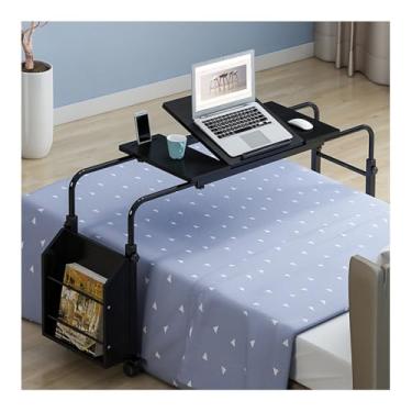 Imagem de HGTRH Mesa para cama com rodas, mesa de computador móvel sobre a cama com altura e largura ajustável, inclinação, suporte e prateleira de armazenamento lateral, mesa sobre cama, para casa, quarto