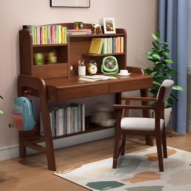 Imagem de Mesa infantil com prateleiras e armazenamento com pernas, mesa de estudo com gaiola e gaveta para quarto, mesa infantil ajustável em altura para todas as crianças com gaiola e 2 gavetas marrom 120 cm