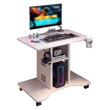 Imagem de Mesa de computador, mesa de escrita com painel lateral de metal, prateleira de armazenamento de camada dupla, mesa de estudo, roda universal de 360°, pegada pequena para quarto, sala de estar