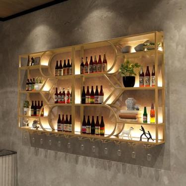 Imagem de HGTRH Rack de vinho montado na parede com suporte de vidro, suporte de garrafa de vinho decorativo para bar casa, prateleiras flutuantes para parede taças de vinho com luz LED, grande capacidade para