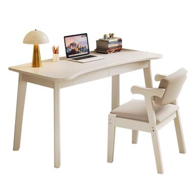 Imagem de Escrivaninha 100% de carvalho maciço, mesa de estudo de escrita com 2 gavetas de armazenamento, moderna e simples, mesa de escritório em casa, móveis modernos com mesa curvada para computador (sem