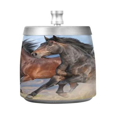 Imagem de Qilmy Cinzeiro de aço inoxidável Three Horses Run com tampa - Cinzeiro de cigarro à prova de vento sem cheiro sem fumaça para casa, escritório, carro, pátio, varanda (uso interno e externo)