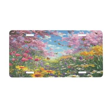 Imagem de Flores de primavera placa de licença floral para frente do carro placas de carro alumínio metal adequado para caminhão placa de porta de carro bar café acessórios automotivos para homens mulheres 15 x