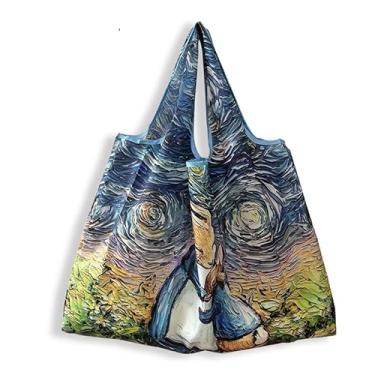 Imagem de Bolsa estilo pintura a óleo, bolsa de compras leve e dobrável, bolsa de ginástica com alça de pulso, adequada para viagens diárias, fitness, viagens, estilo D