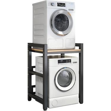 Imagem de Suporte De Secadora Ajustável Em Altura - Kit De Empilhamento Para Máquinas De Lavar E Secar Roupa Com Carregador Frontal - Rack De Armazenamento Para Máquina D, Black Frame+light Walnut