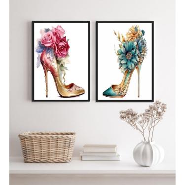 Imagem de Kit 2 Quadros Sapatos De Salto Com Flores 45X34Cm
