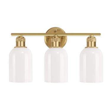 Imagem de Folux Luminária vintage dourada de 3 luzes, luminárias de parede com sombra de vidro branco para espelho de banheiro cozinha sala de estar corredor armário varanda