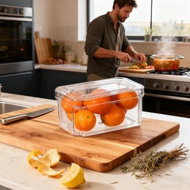 Imagem de Organizador de geladeira, caixas de armazenamento empilháveis transparentes com tampas, caixas de geladeira sem BPA para frutas, legumes e bebidas, economia de espaço, transparente, P
