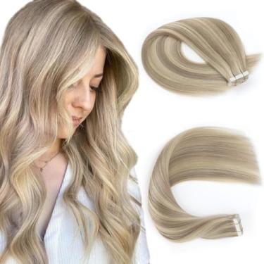 Imagem de Sassina Extensões de cabelo Remy com fita adesiva para cabelo humano 50 gramas fita grossa reta em extensões de cabelo humano loiro dourado a loiro médio reutilizável 55 cm 20 peças #P16/22