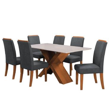 Imagem de Conjunto De Mesa Sala De Jantar Tampo Com Vidro 1,60m 6 Cadeiras Grécia Dobuê Madeirado/grafite